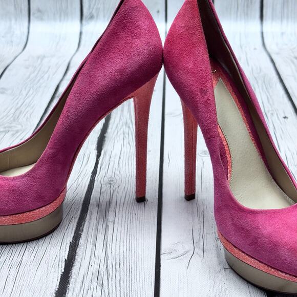 BRIAN ATWOOD Fontanne Suede Pink Orange Platform Stiletto Pumps Size  7 1/2 - Picture 8 of 12